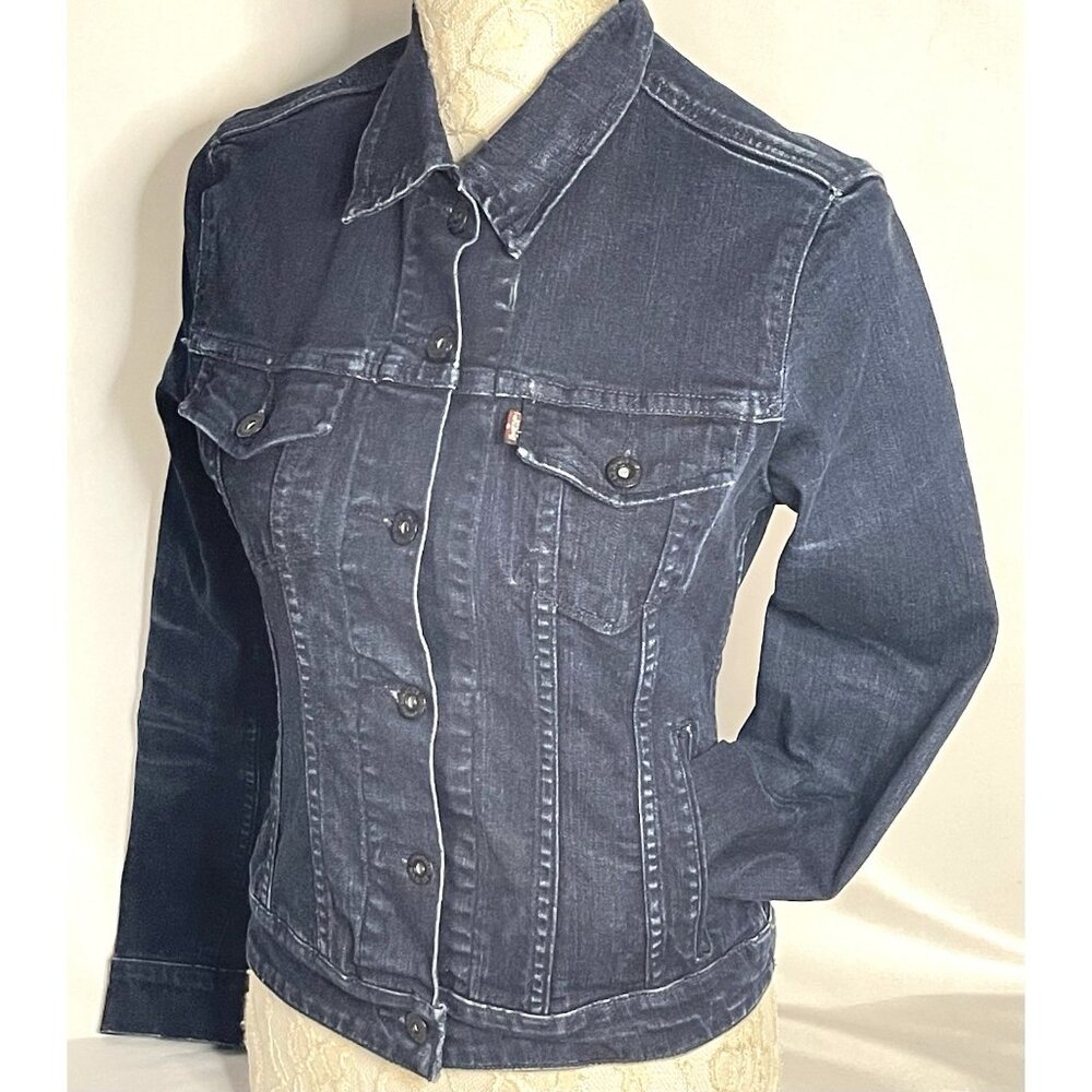Levis Womens Fitted Denim Jacket Dark Wash size Small Laurel Leaf Button retro